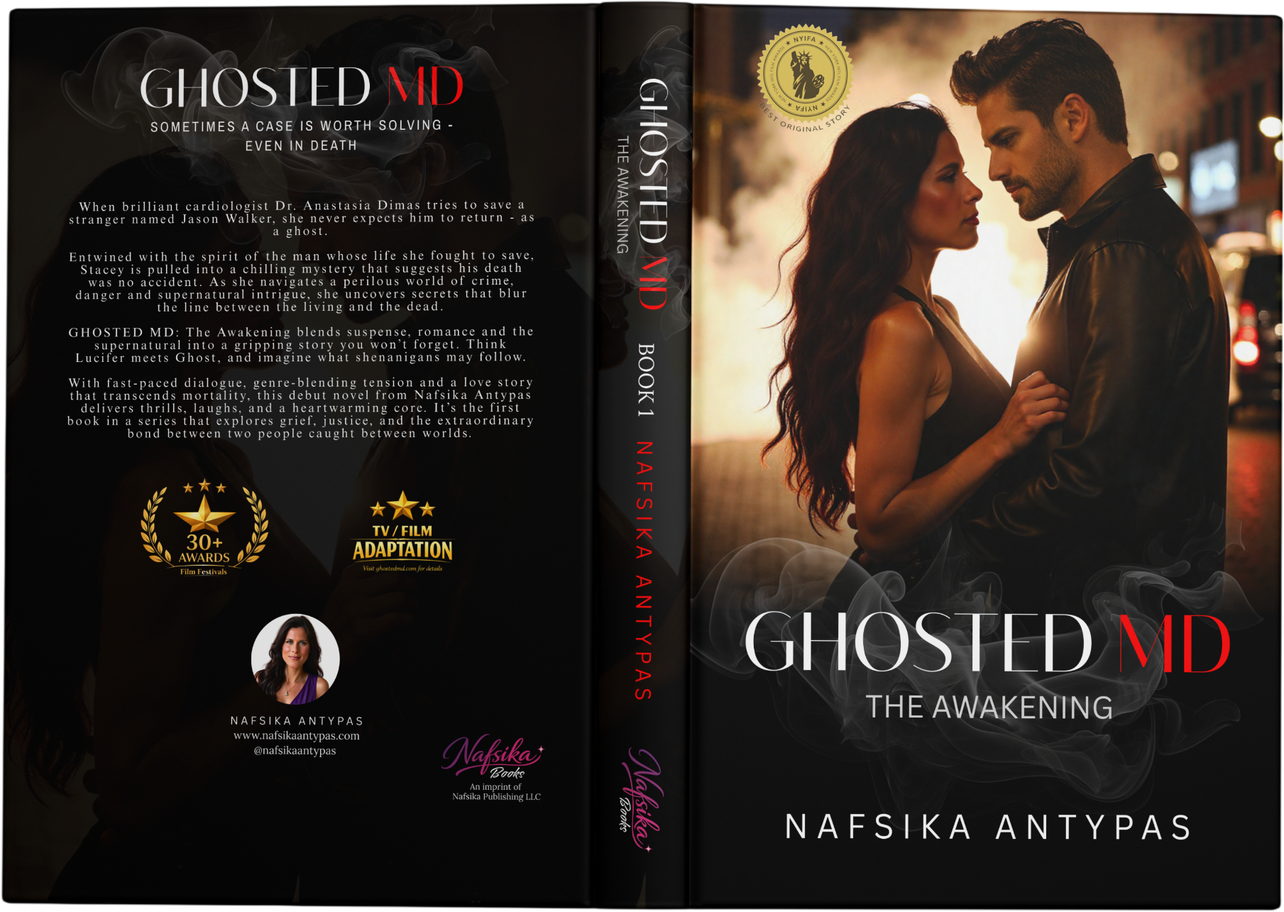 Ghosted MD: The Awakening book cover by Nafsika Antypas showing a tender couple embracing against a dark background.