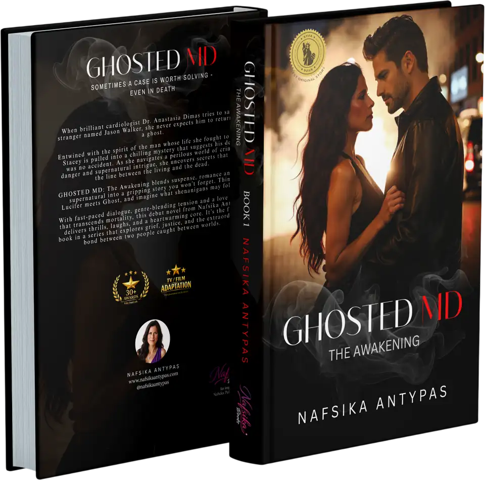 3D hardcover book Ghosted MD: The Awakening by Nafsika Antypas, featuring a romantic couple and suspenseful text.
